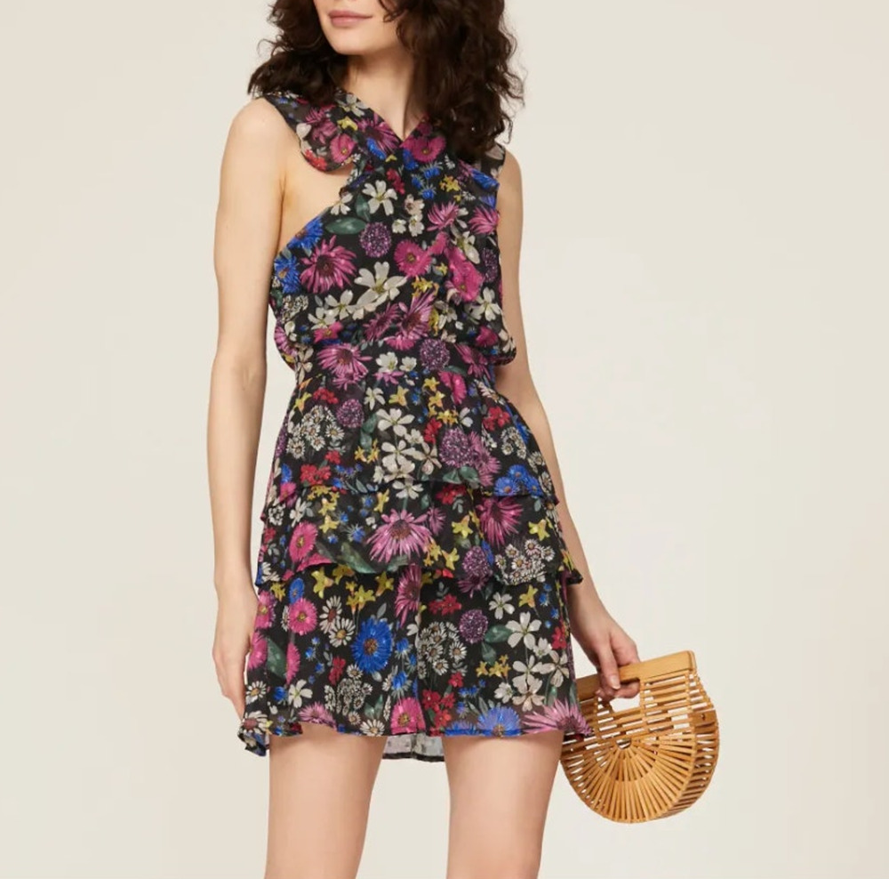 Slate & Willow Black Floral Mini Party Dress XS Chiffon Ruffle Designer $145